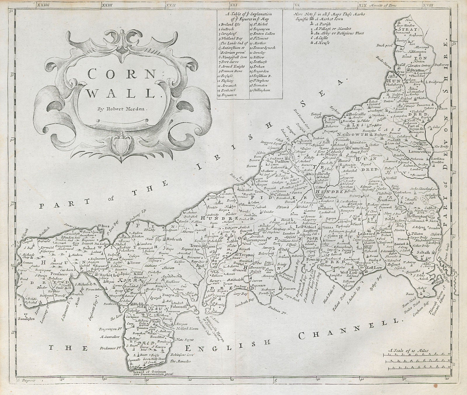 CORNWALL by ROBERT MORDEN from Camden's Britannia 1722 old antique map chart